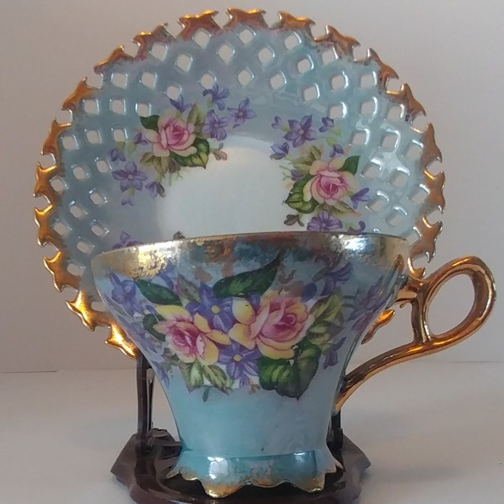 LM Royal Halsey Very Fine Bone China Teacup Saucer Blue Pink Roses Gold